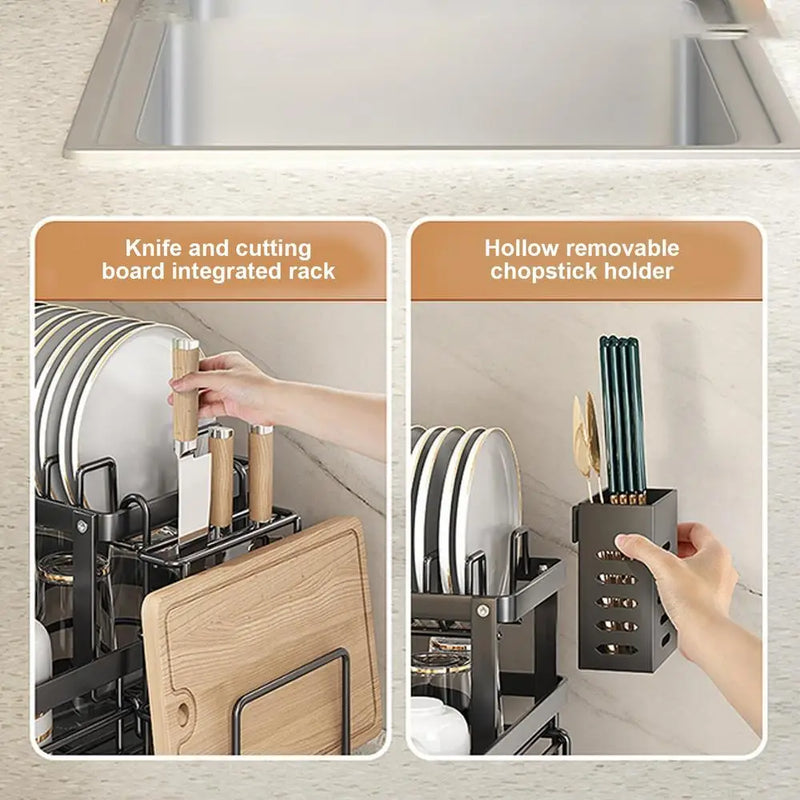 Rack de secagem de pratos em aço inoxidável, organizador ajustável de pratos de cozinha com escorredor sobre pia, bancada, suporte de armazenamento de talheres